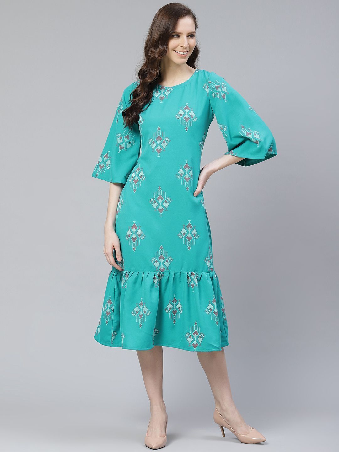 Women's Poly Rayon Teal Colored Foil Printed Flared  Dress - Ziyaa