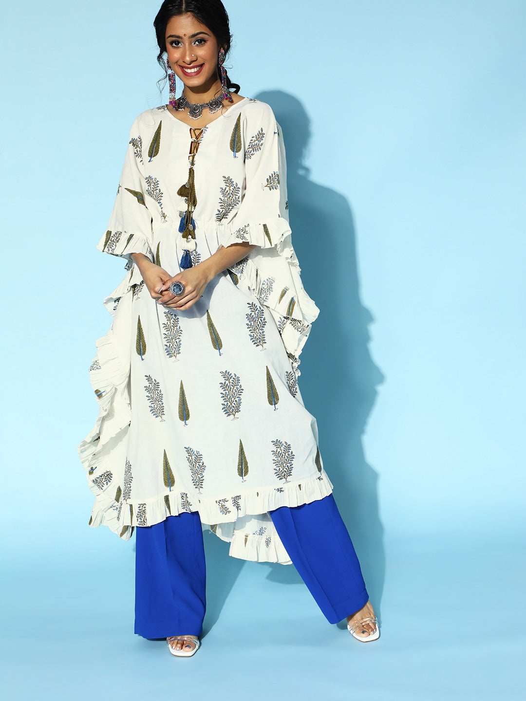 Classic White Printed Kaftan Kurta-Indiakreations-JS9541KFTWHS