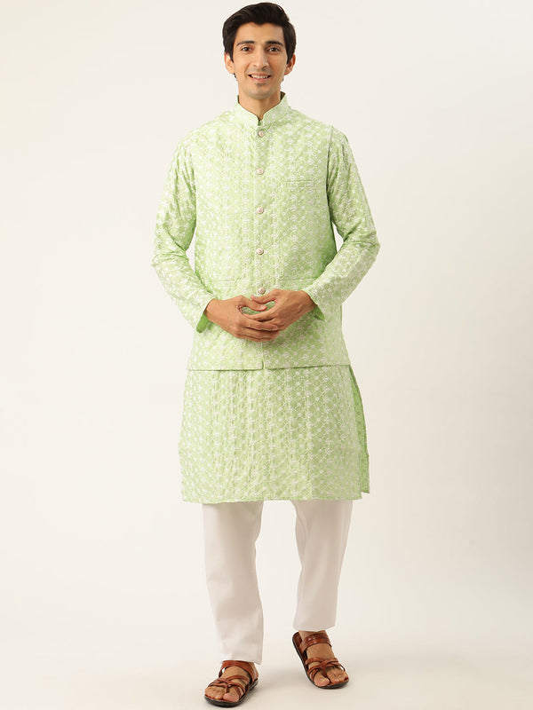 Sojanya Men's Silk Blend Light Green Kurta & Nehrujacket With White Pyjama Combo - Sojanya