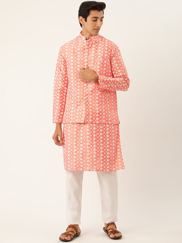 Sojanya Men's Silk Blend Peach Kurta & Nehrujacket With White Pyjama Combo - Sojanya