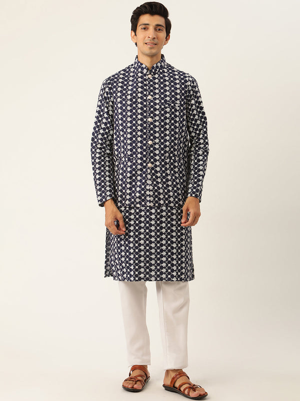 Sojanya Men's Silk Blend Navy Kurta & Nehrujacket With White Pyjama Combo - Sojanya