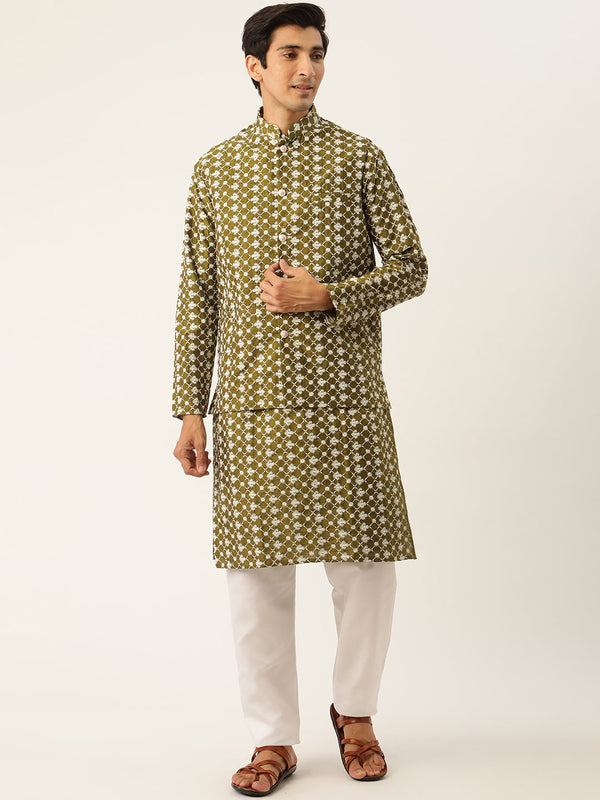 Sojanya Men's Silk Blend Dark Green Kurta & Nehrujacket With White Pyjama Combo - Sojanya