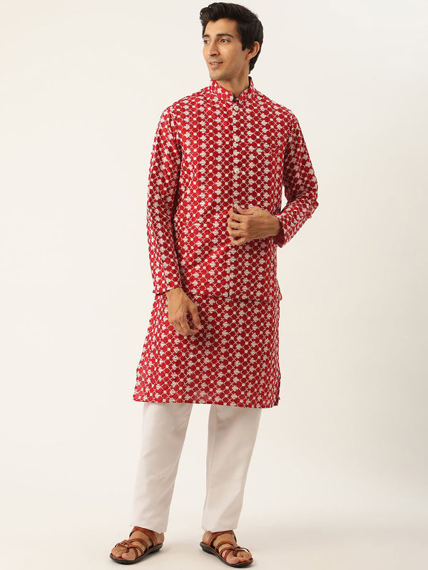 Sojanya Men's Silk Blend Maroon Kurta & Nehrujacket With White Pyjama Combo - Sojanya