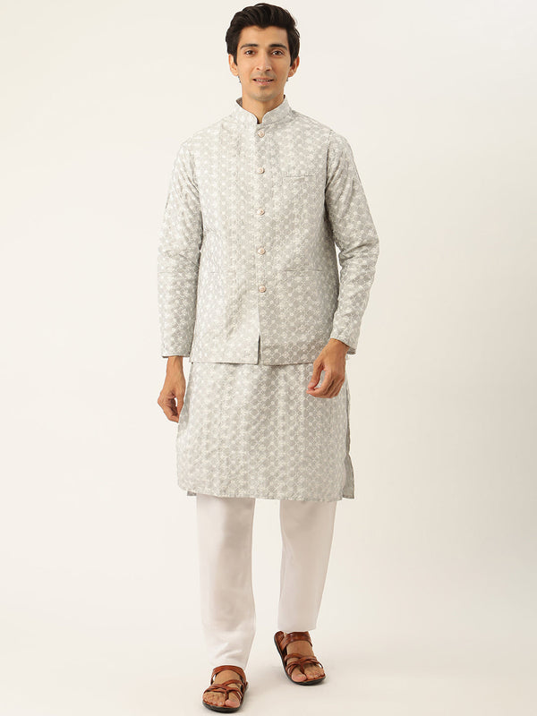 Sojanya Men's Silk Blend Grey Kurta & Nehrujacket With White Pyjama Combo - Sojanya