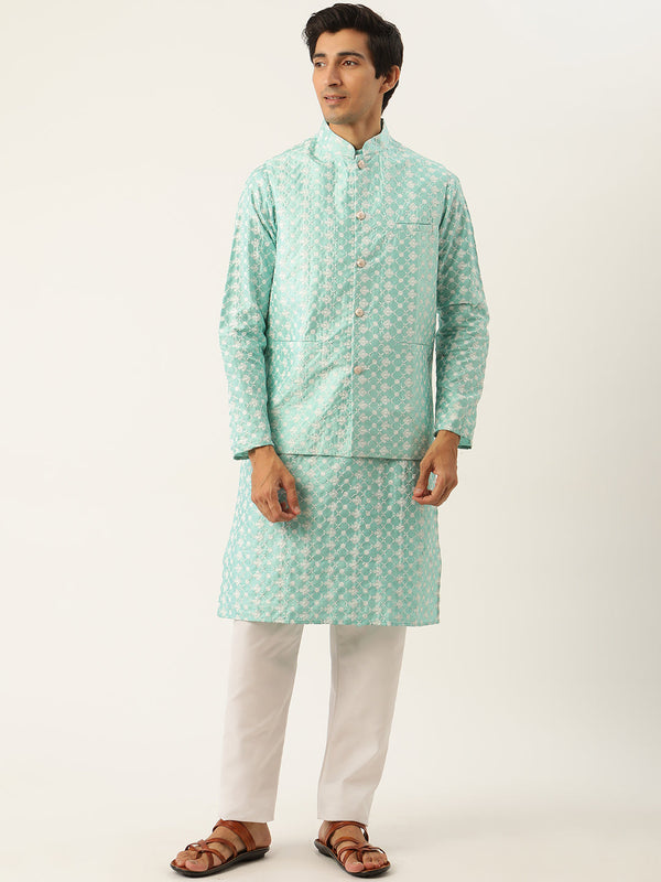 Sojanya Men's Silk Blend Blue Kurta & Nehrujacket With White Pyjama Combo - Sojanya