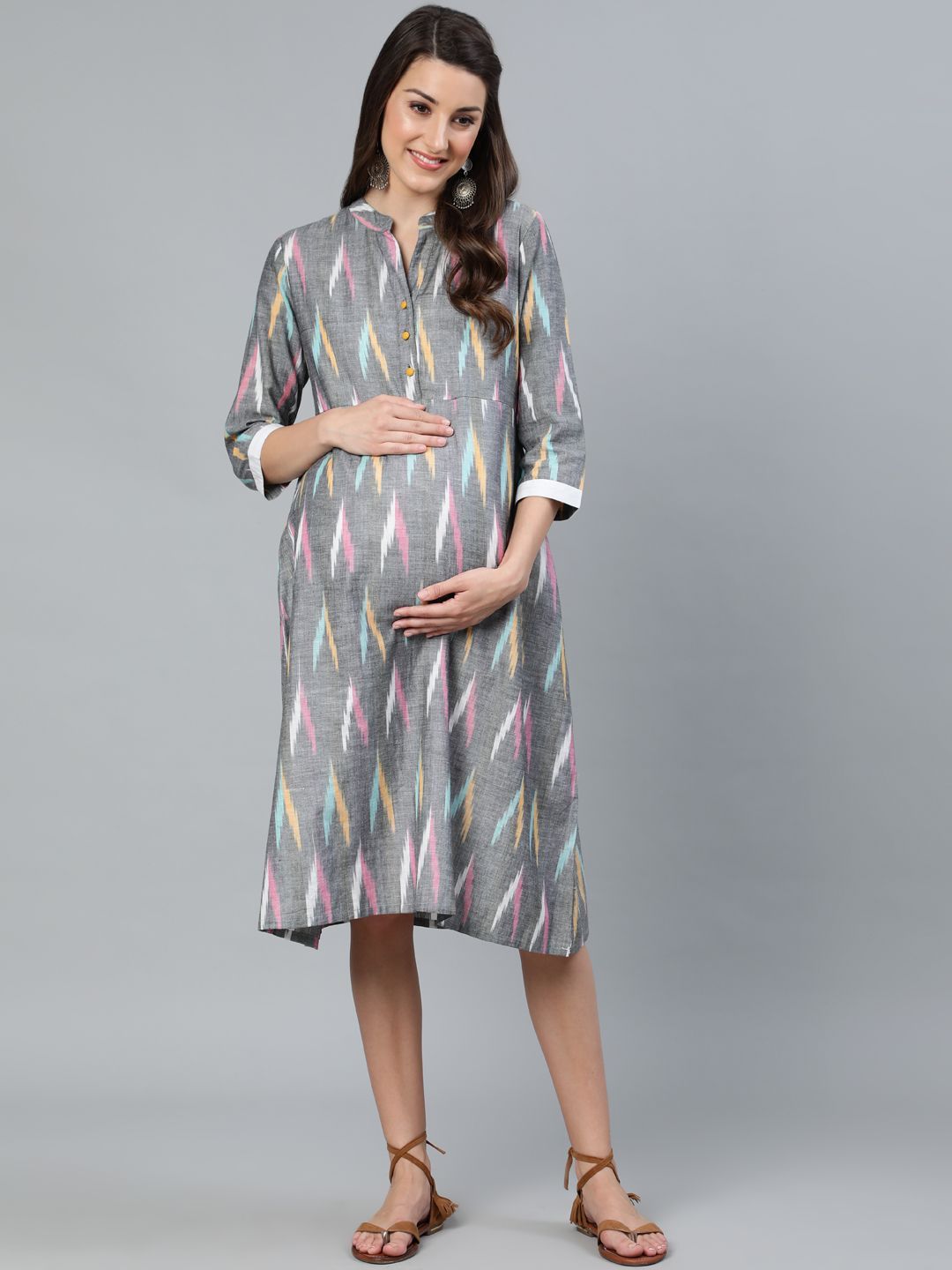 Women's Grey Ikat Woven Design Maternity Dress - AKS