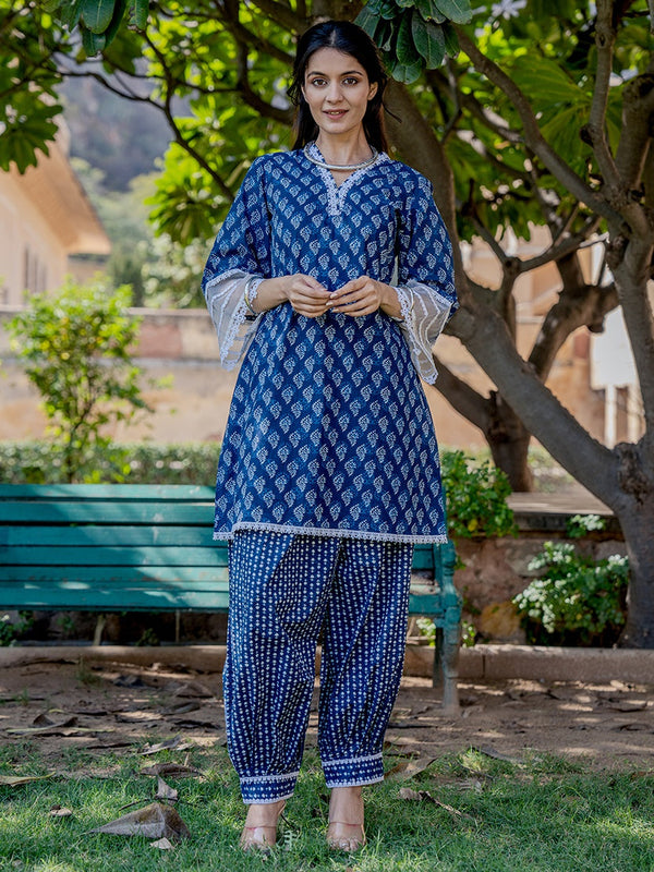 Cotton Blue Top Harem Pant Co-Ord Set-Indiakreations-JS1473CRDBLS