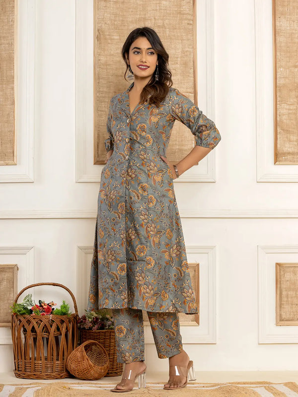 Cotton Grey Kurta And Trousers Set-Indiakreations-JS1522SETGYS