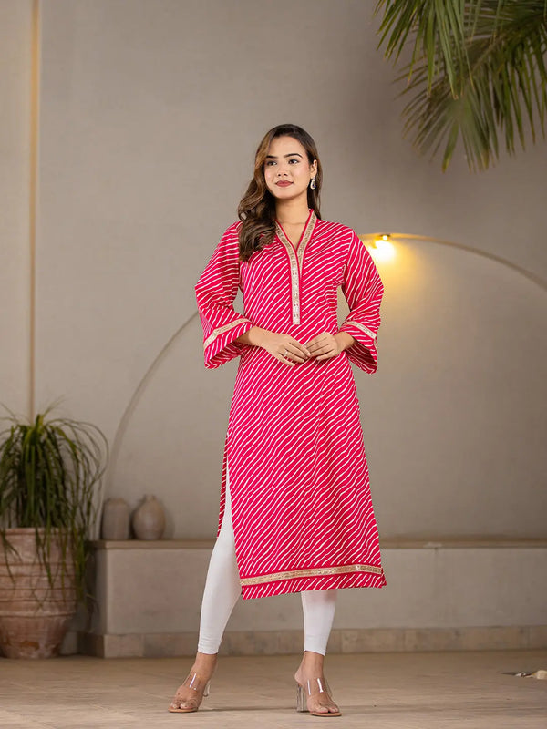 Cotton Hot Pink Leheriya Kurta-Indiakreations-JS6965KURHPS