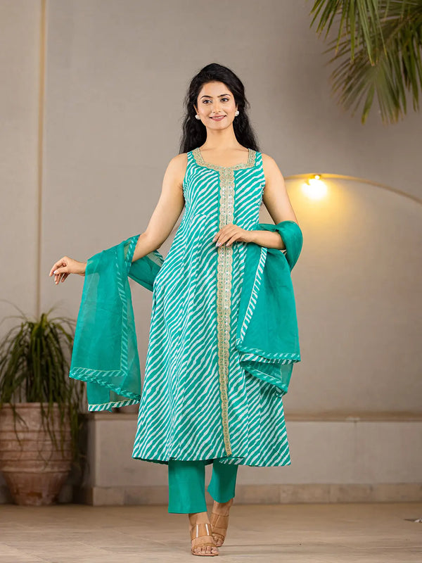 Cotton Leheriya Kurta Dupatta Pant Set-Indiakreations-JS6980SKDTGS