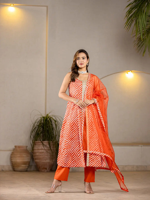 Cotton Leheriya Orange Kurta Dupatta Set-Indiakreations-JS6980SKDORS