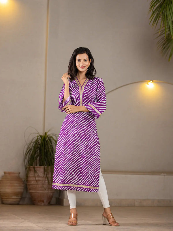 Cotton Purple Leheriya Kurta-Indiakreations-JS6965KURPRS