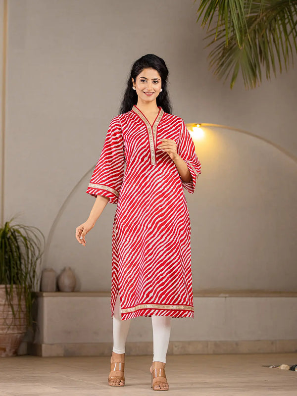 Cotton Red Lehariya Kurta-Indiakreations-JS6965KURRDS