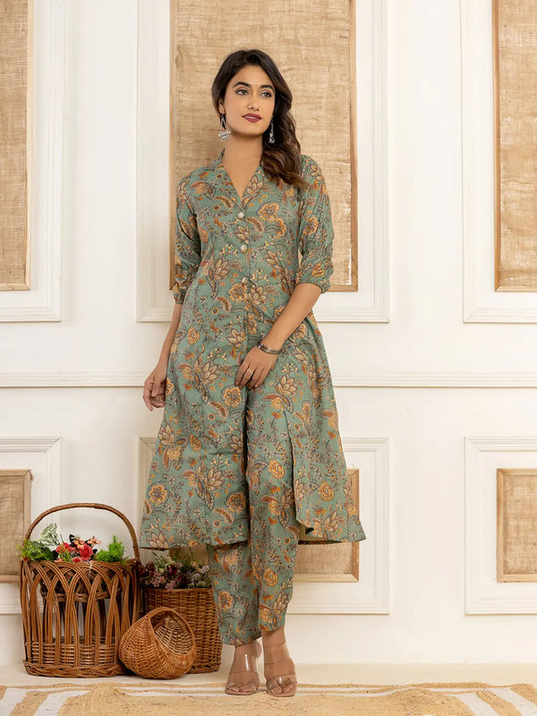 Cotton Sea Green Kurta And Trousers Set-Indiakreations-JS1522SETSGS