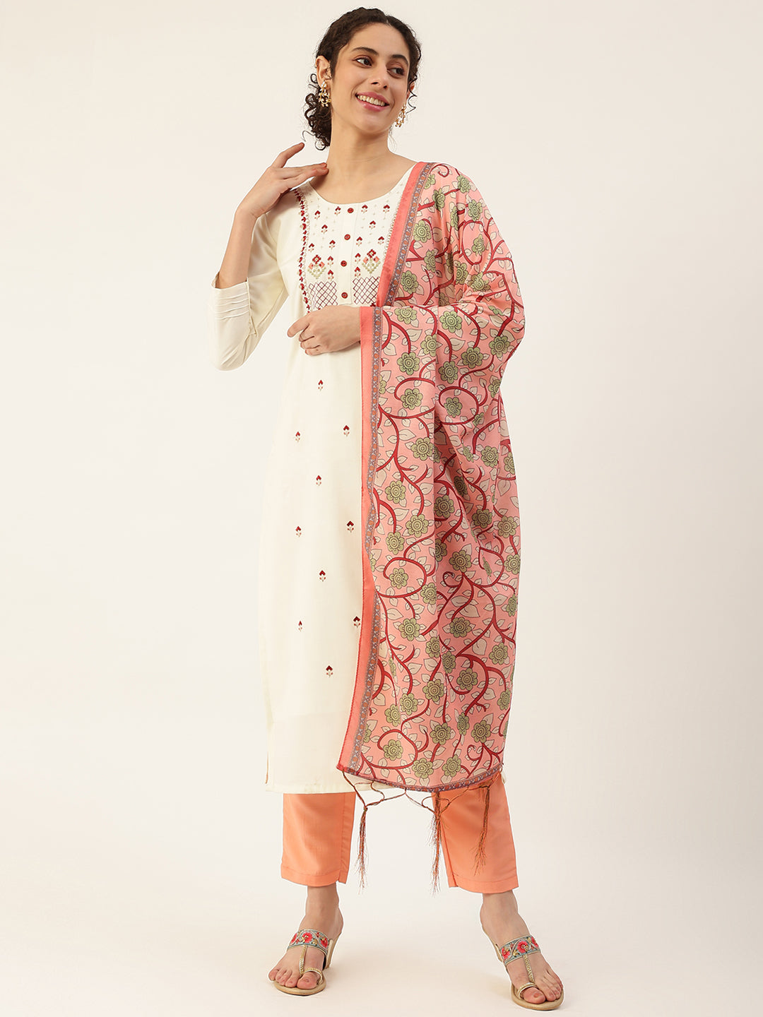 Women's White Color Cotton Blend Embroidered A-Line Kurta Trouser With Dupatta - Vaaba