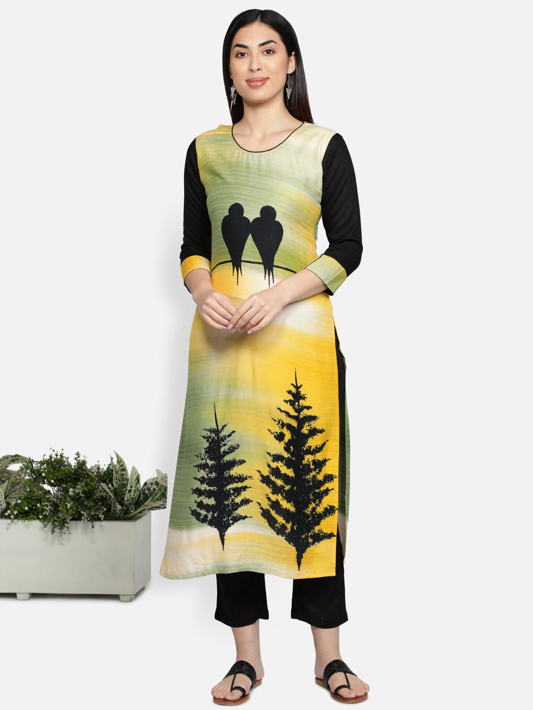 Women's Yellow Color Rayon Blend Straight Printed Kurta - Vaaba