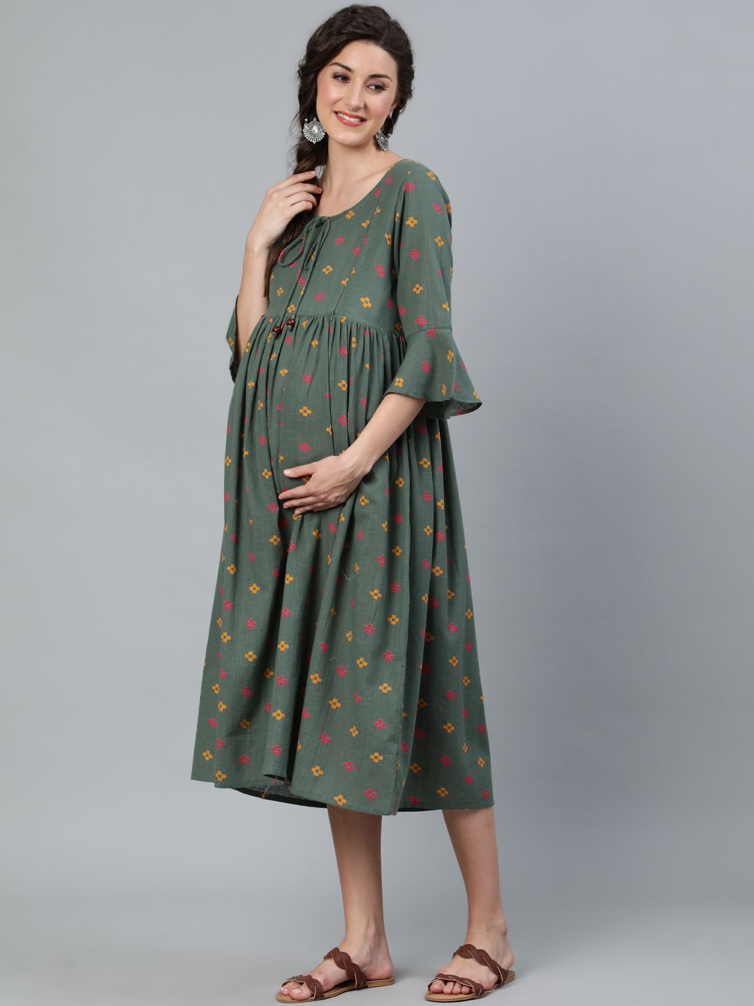 Women's Green Printed Maternity Dress - AKS