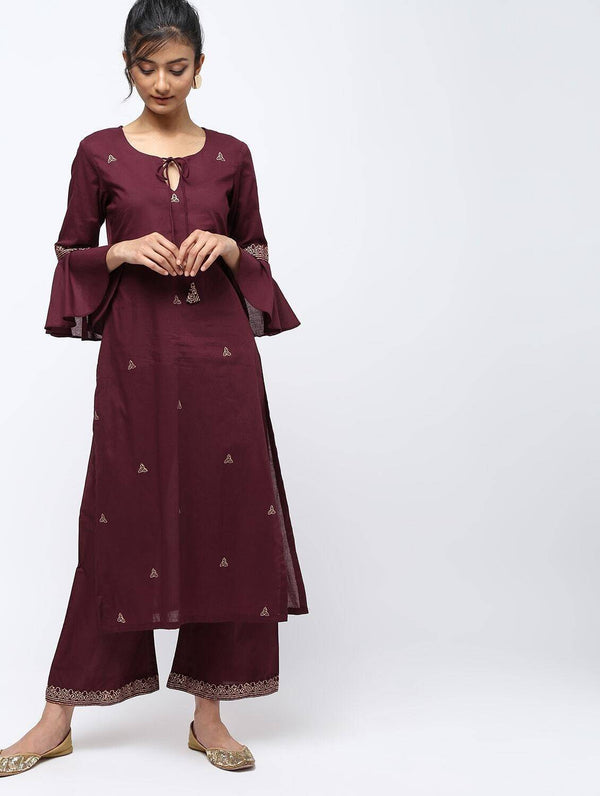 Women's Brown Straight Front Keyhole Kurta With Matching Palazzo Set - Cheera