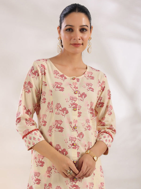 Cream And Pink Pure Cotton Floral Print A-Line Kurta Trouser Set-Indiakreations-JS1644SETPKS