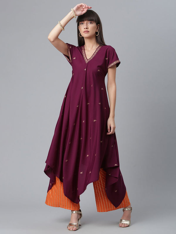 Burgundy Glitter Print Kimono Style Kurta With Palazzo