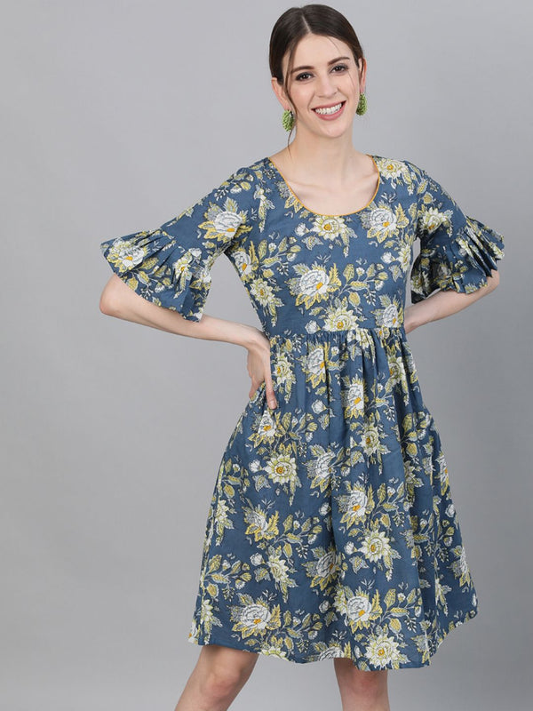 Women's Floral Printed Dress With Ruffle Sleeves - AKS