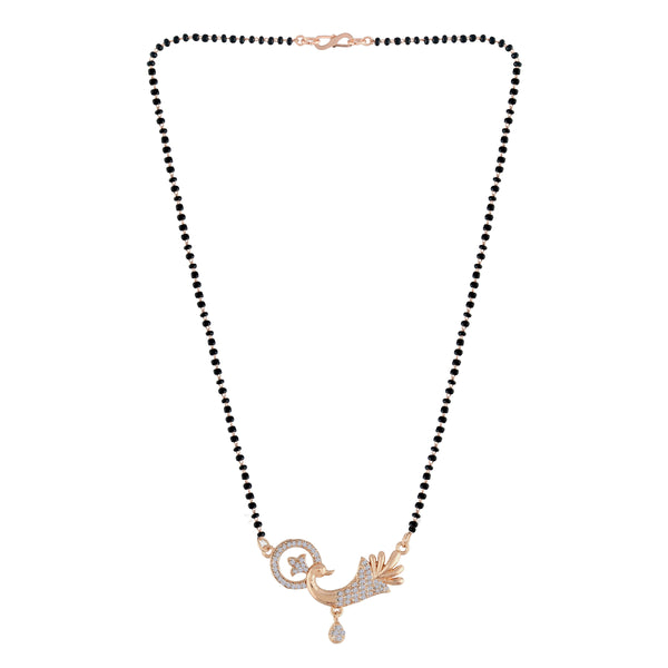 Women's 18k Rose Gold Plated Traditional American Diamond Pendant with Black Bead Chain Mangalsutra for Women - I Jewels