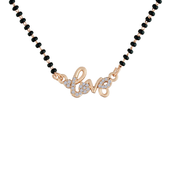 Women's 18k Rose Gold Plated Traditional American Diamond Pendant with Black Bead Chain Mangalsutra for Women - I Jewels