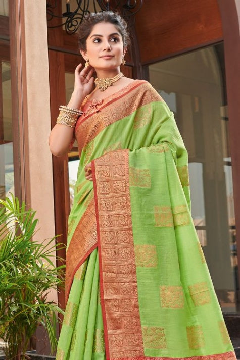 Women's Bright Green Linen Saree - Karagiri