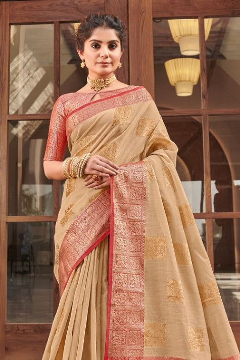 Women's Buff Beige Linen Saree - Karagiri