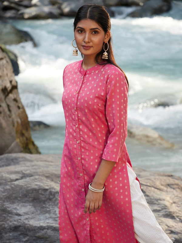 Women's Pink Woven Designed Kurta - Aks