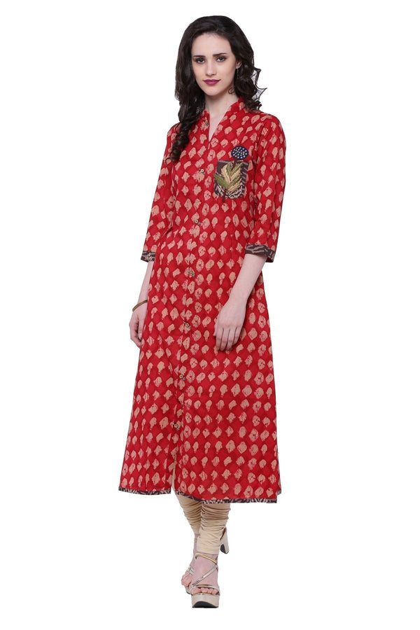 Women's Red A-Line Cotton Long Kurta - Noz2Toz