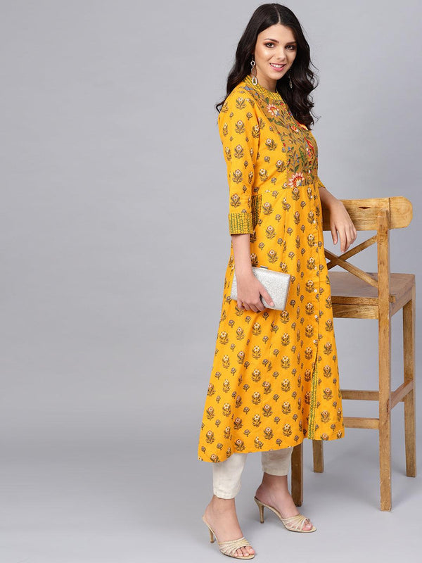 Women's Yellow Printed Long Kurta - Taantav