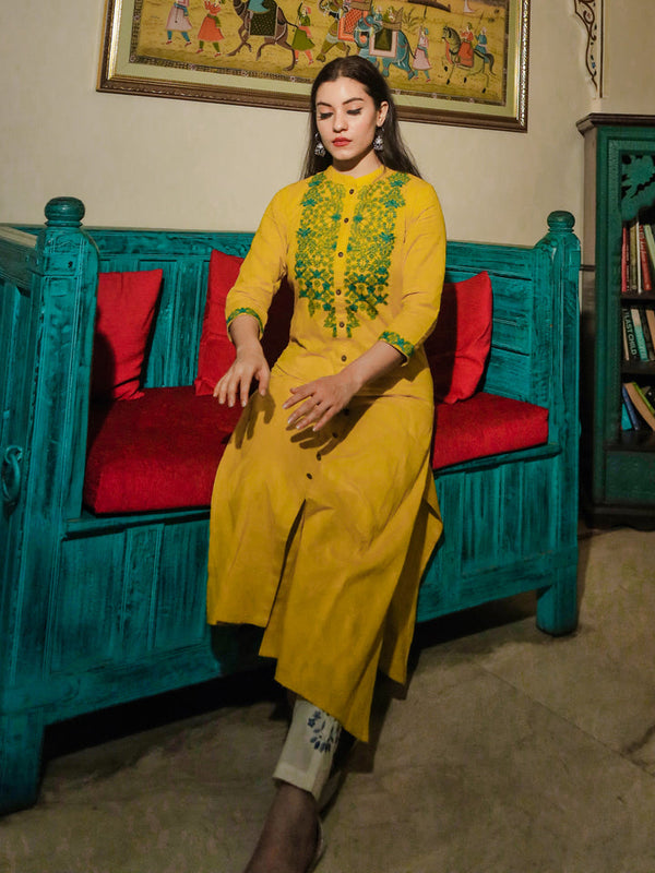 Women's Women's Yellow Regular A-Line Calf Long Kurta - Taantav