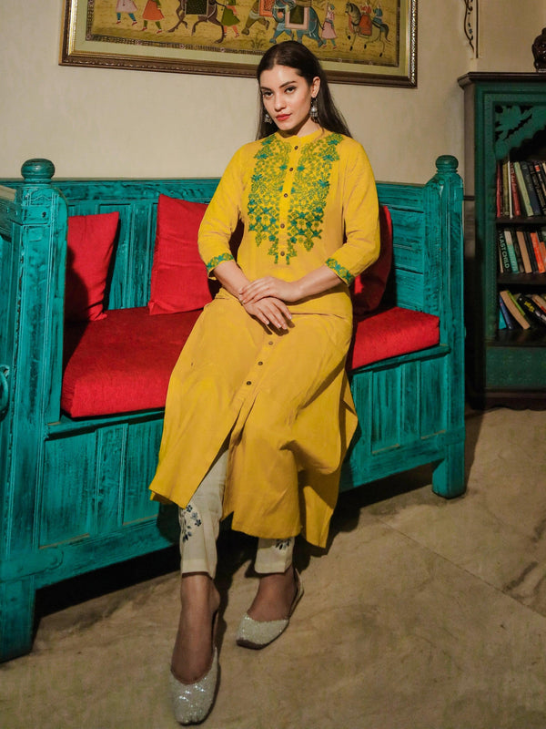 Jashvi Women's Yellow Regular A-Line Calf Long Kurta