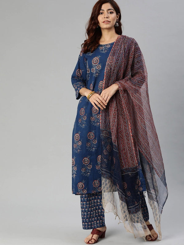 Women's Navy Blue Printed Cotton Kurta Set With Dupatta  - Wahenoor