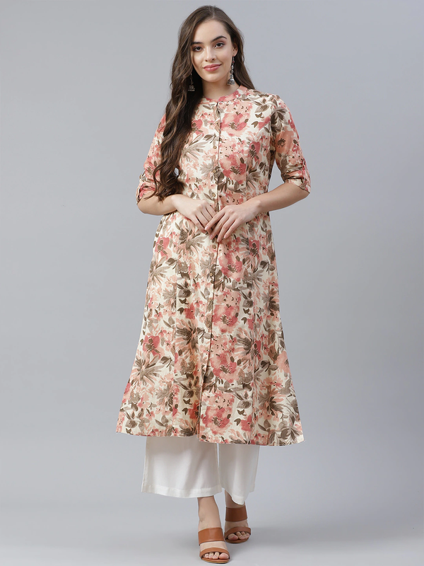 Women's Cream Cotton Floral Print Kurta - Divena