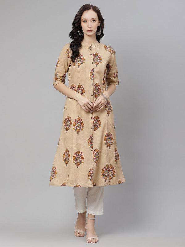 Women's Beige Color Cotton Printed A-Line Kurta  - Wahenoor