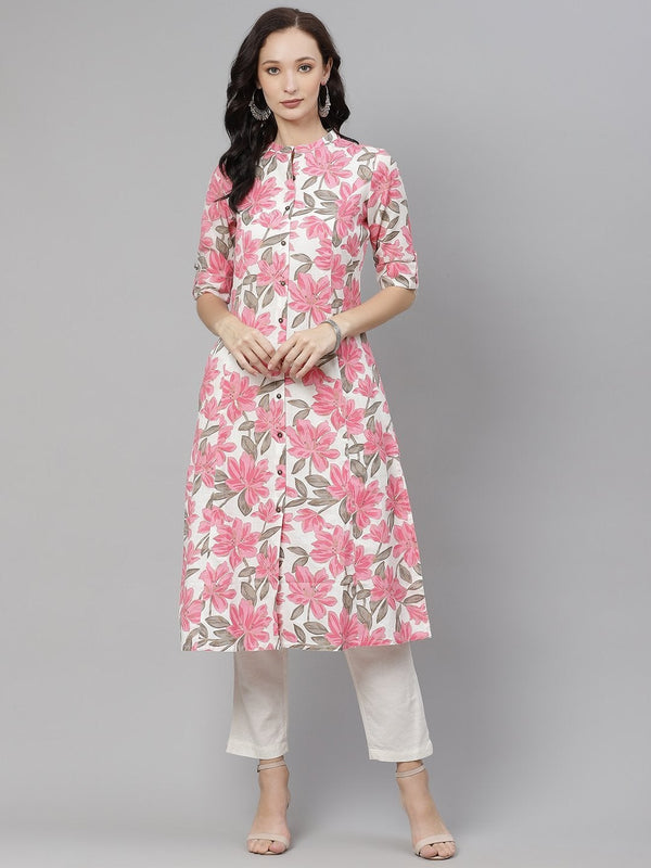 Women's Floral Print A-Line Cotton Kurta  - Wahenoor