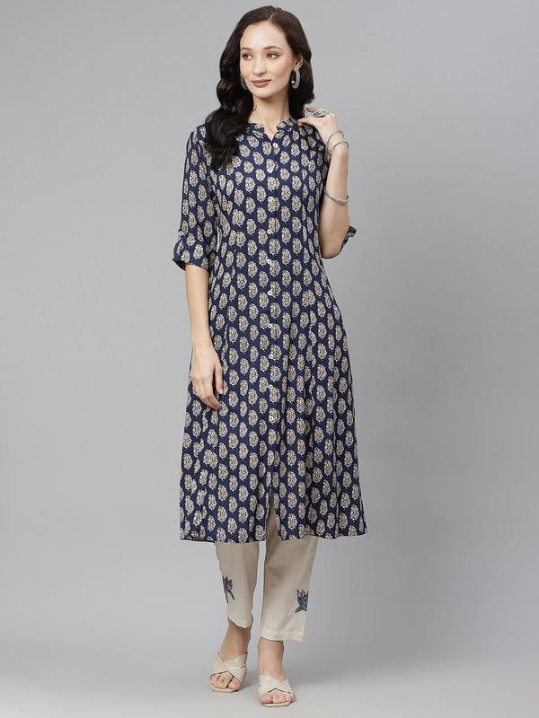 Women's Indigo Blue Buti Print A-line Rayon kurta - Divena