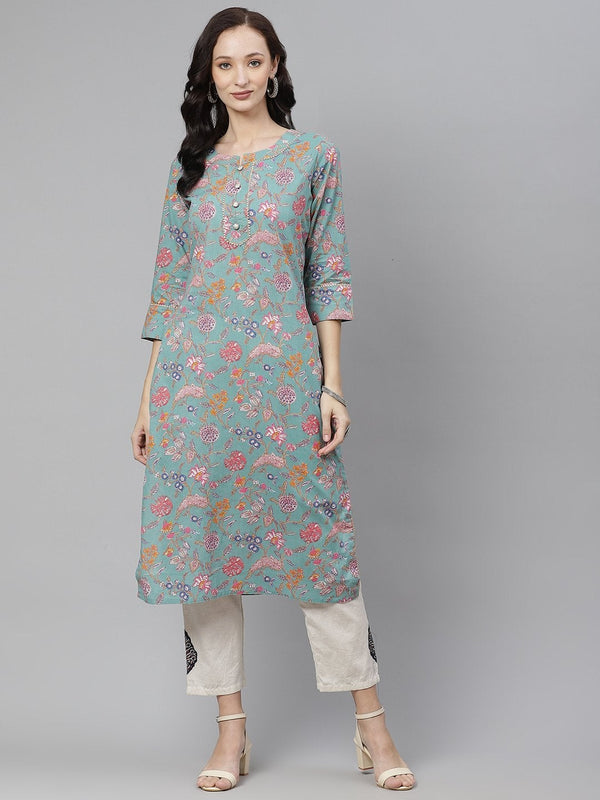 Women's Green Printed Straight Cotton Kurta  - Wahenoor