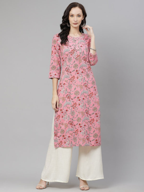 Women's Pink Printed Straight Cotton Kurta - Divena