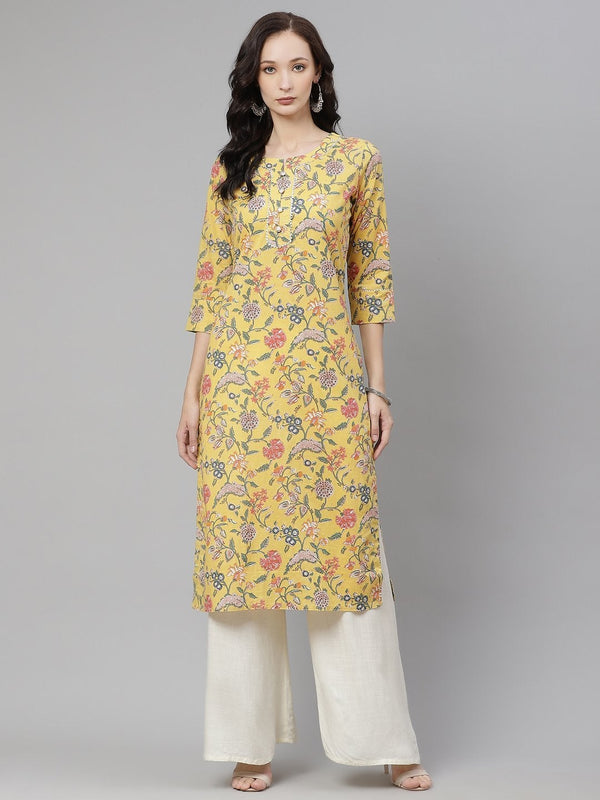 Women's Yellow Printed Straight Cotton Kurta  - Wahenoor