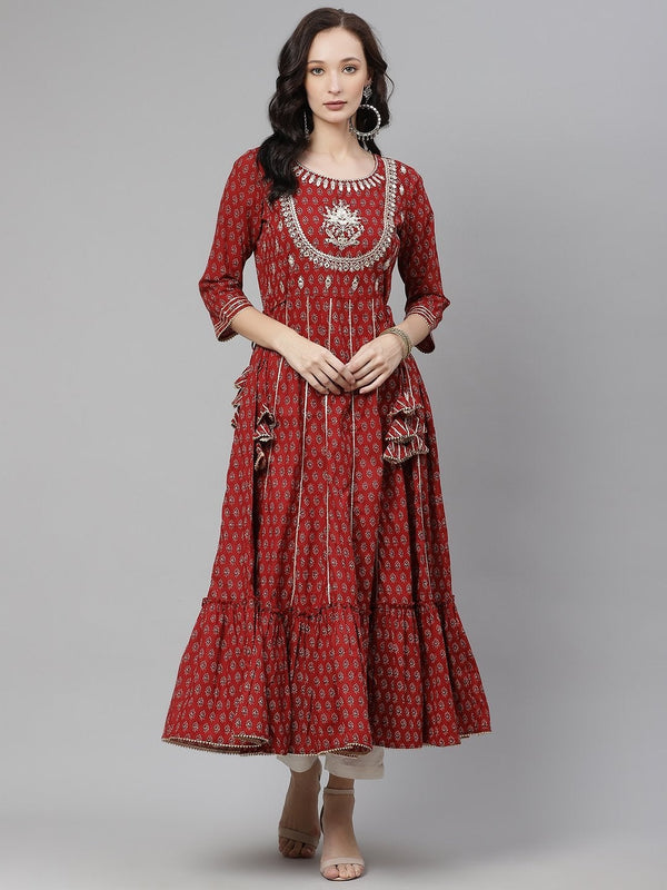 Women's Maroon Flared Kurta - Divena