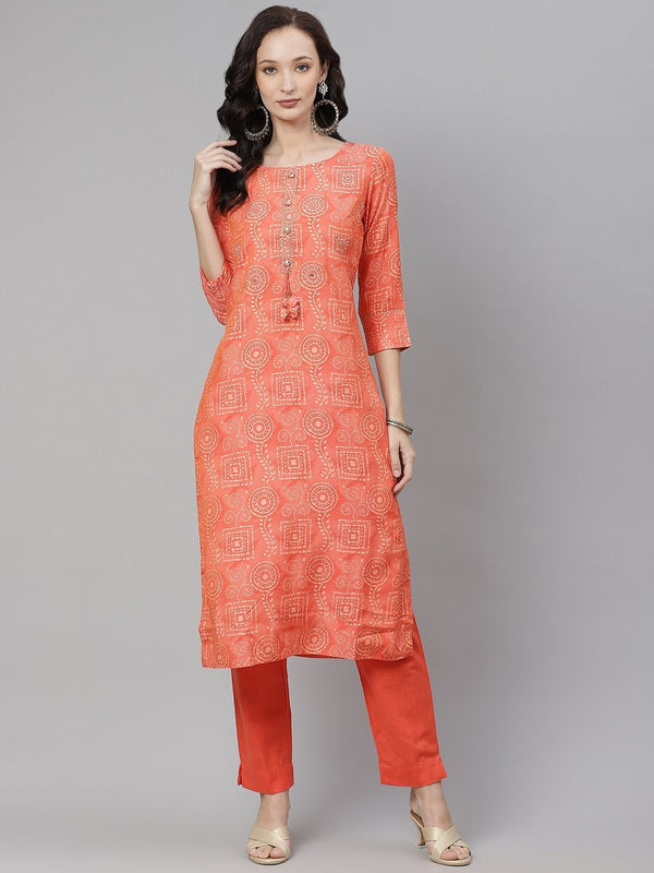 Women's Peach Muslin Kurta And Cotton Pant Set - Divena