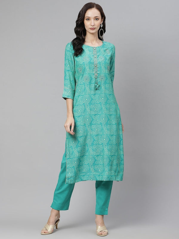 Women's Green Muslin Straight Kurta with Pants - Divena