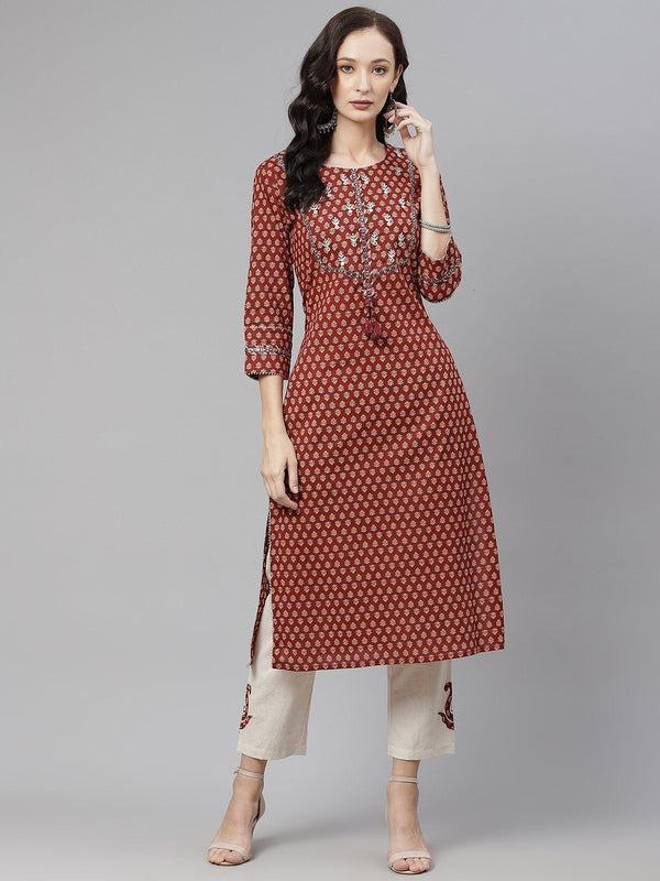 Women's Maroon Buti Print Straight Kurta With Cotton Pants - Noz2Toz