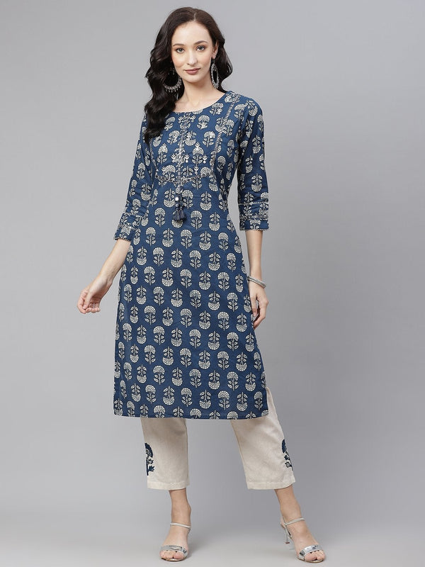 Women's Indigo Blue Buti Print Straight Kurta With Cotton Pants - Noz2Toz