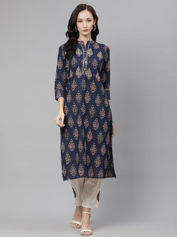 Women's Blue Printed Straight Kurta With Cotton Pants - Wahenoor