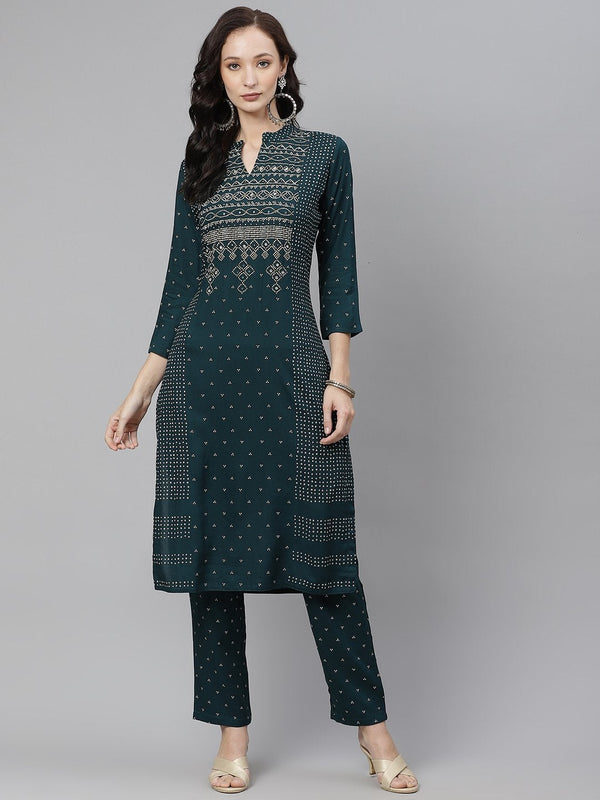 Women's Dark Green Bandhej printed Rayon kurta with pants - Divena