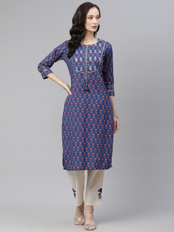 Women's Blue Printed Straight Kurta With Cotton Pants  - Wahenoor